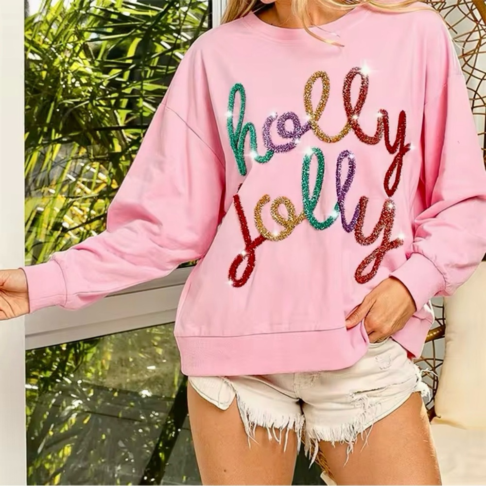 “HOLLY JOLLY” Christmas Sequin Letter Sweatshirt Holiday Long Sleeve Sweater